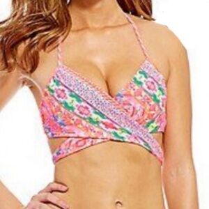 COCO RAVE Pink Colorful Simone Halter Wrap Bra Bikini Top Size 36D